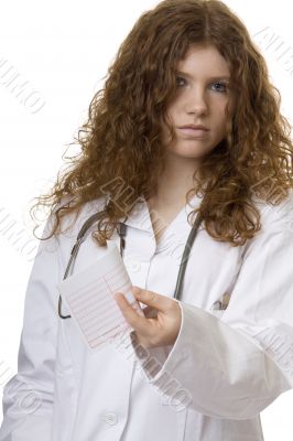 Woman doctor with money order, doctor costs