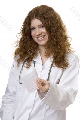 Woman doctor with money order, doctor costs