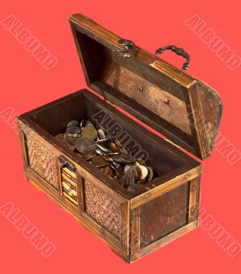  Wooden opening ancient chest with coins