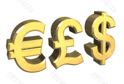 euro, pound, dollar symbol in gold - 3D made