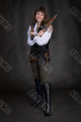 Girl - pirate with two ancient pistols in hands