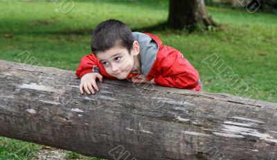 Little boy with sly expression leans on the log