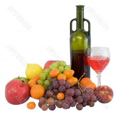 Bright still life with wine and fruit