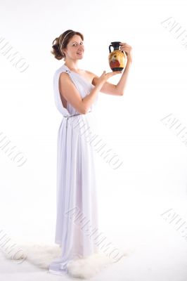 Lady in white handing jug