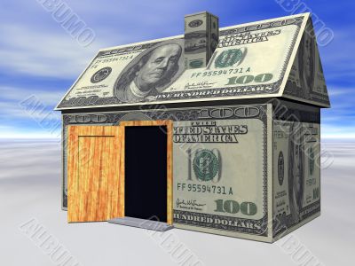dollar house with opened door -  real estate crisis concept. 3D rendered