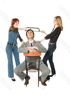 Two women dividing a man