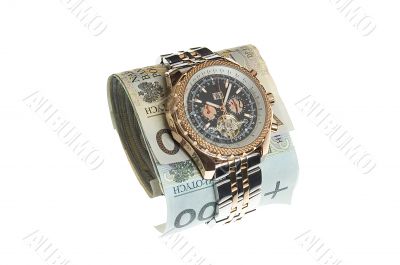 Luxury gold watch around polish banknotes