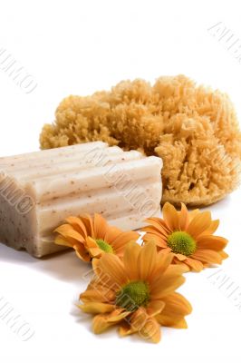 natural sponge, soap and flowers