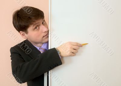 Man show in an blank white board