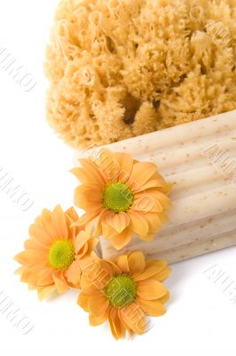 natural sponge, soap and flowers