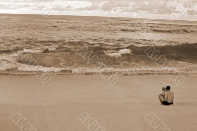 Father and Son on Beach sepia