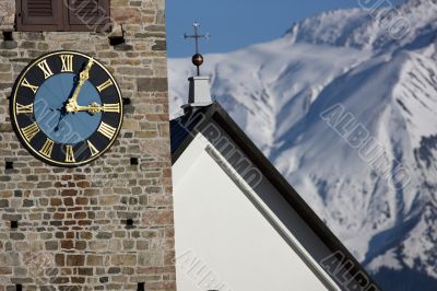 Detail view of a clock on a church tower