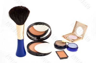 open face powder, brush and eyeshadows