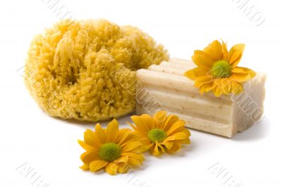 natural sponge, soap and flowers