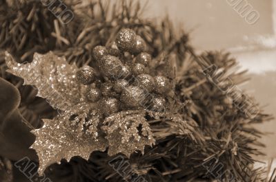 Christmas Decoration Balls and Leaves sepia
