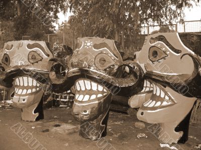 Ravana head effigies for Dussehra festival sepia