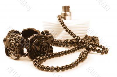 necklace, bracelet and parfume bottle