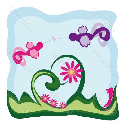 cartoon background with two fairy birds in love