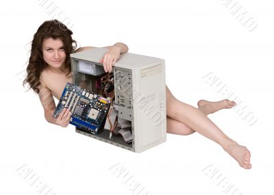 Girl with computer case on white