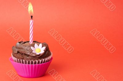 Miniature chocolate cupcake with candle