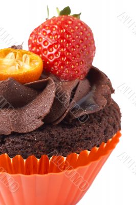 Miniature chocolate cupcake with strawberry
