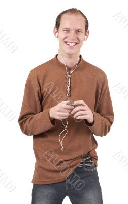 Young caucasian man listening to music