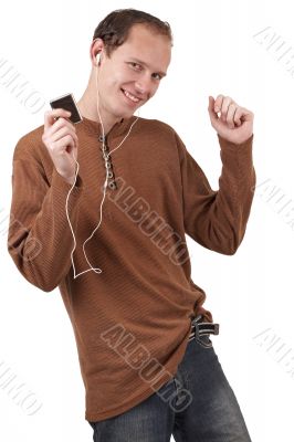 Young caucasian man listening to music
