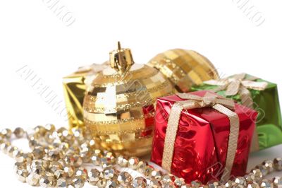 Christmas gift boxes, baubles and beads Christmas gift boxes, baubles and beads