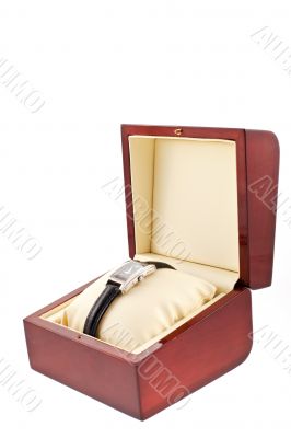 female silver watch in a wood gift box