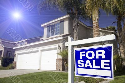 Blue For Sale Real Estate Sign and House