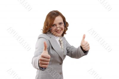 Woman showing thumbs up on white background. OK