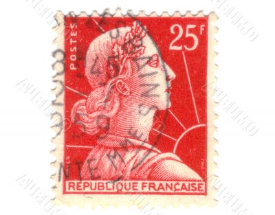 Old red french stamp with an head