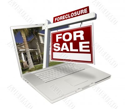 Foreclosure Home for Sale Real Estate Sign &amp; Laptop