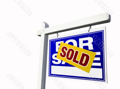 Blue Sold For Sale Real Estate Sign on White.