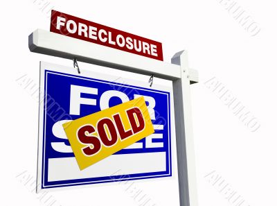 Blue Sold Foreclosure Real Estate Sign on White