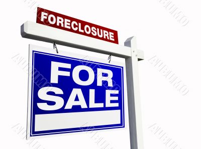 Blue Foreclosure Real Estate Sign on White.