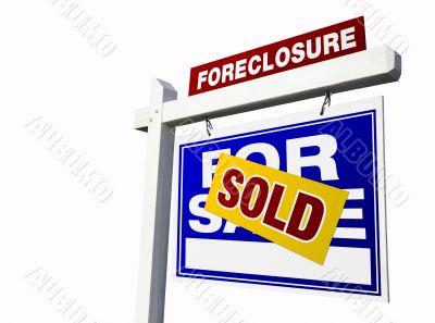 Blue Sold Foreclosure Real Estate Sign on White