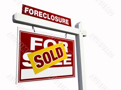 Red Sold Foreclosure Real Estate Sign on White