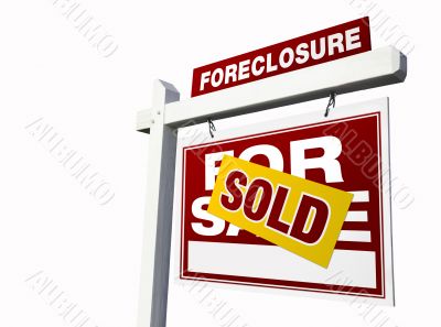 Red Sold Foreclosure Real Estate Sign on White