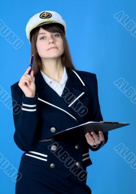 Girl in sea uniform with tablet