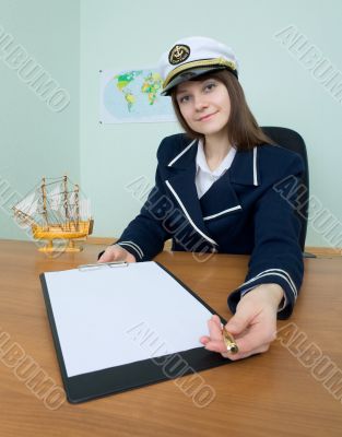 Girl in a sea uniform with tablet