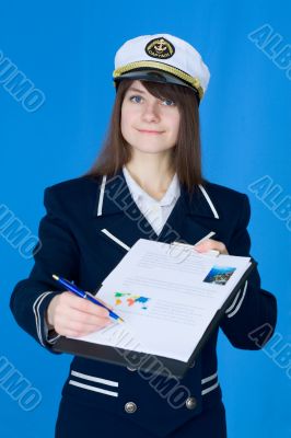 Girl in sea uniform with tablet