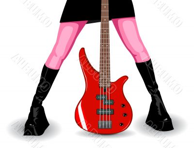 Vector illustration of red bass guitar and female legs