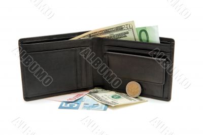Wallet, banknotes and coins isolated