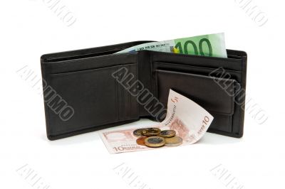 Wallet and euro banknotes and coins isolated