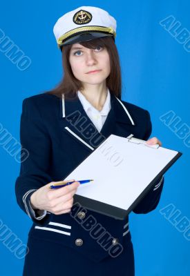 Woman in sea uniform with tablet