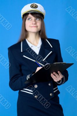 Girl in sea uniform with tablet