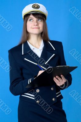 Girl in sea uniform with tablet Girl in sea uniform with tablet