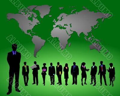 business people in front of a world map