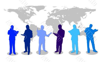 business people in front of a world map